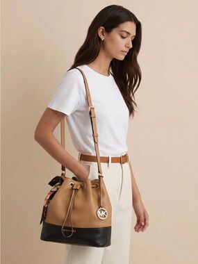 Michael Kors Tan and Black Leather Drawstring Shoulder Bag